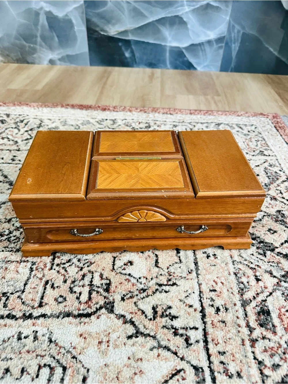 Wooden Jewelry Box with Carved Accents - Honey Brown